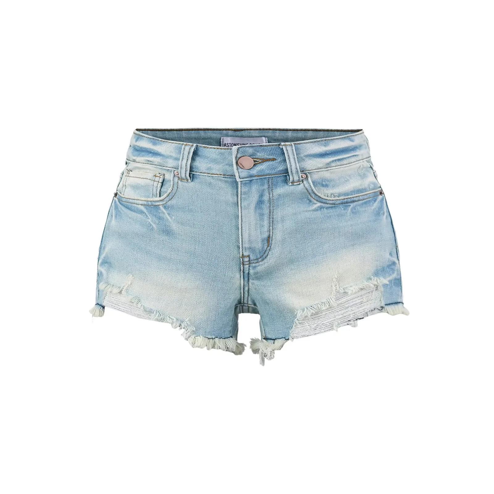 

Трендовые европейские и американские рваные джинсовые шорты для женщин - Лето 2025 Заниженная талия, сексуальная посадка Extra Small светло-синий