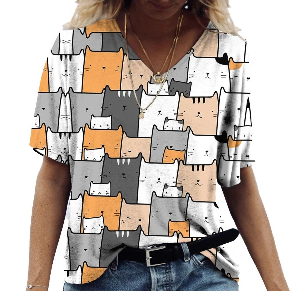 Summer Women's Clothing Cute V-Neck Short Sleeve Tshirt Plus Size T Shirt Clothing 3d Animals Printing Tops Casual Pullover Tee