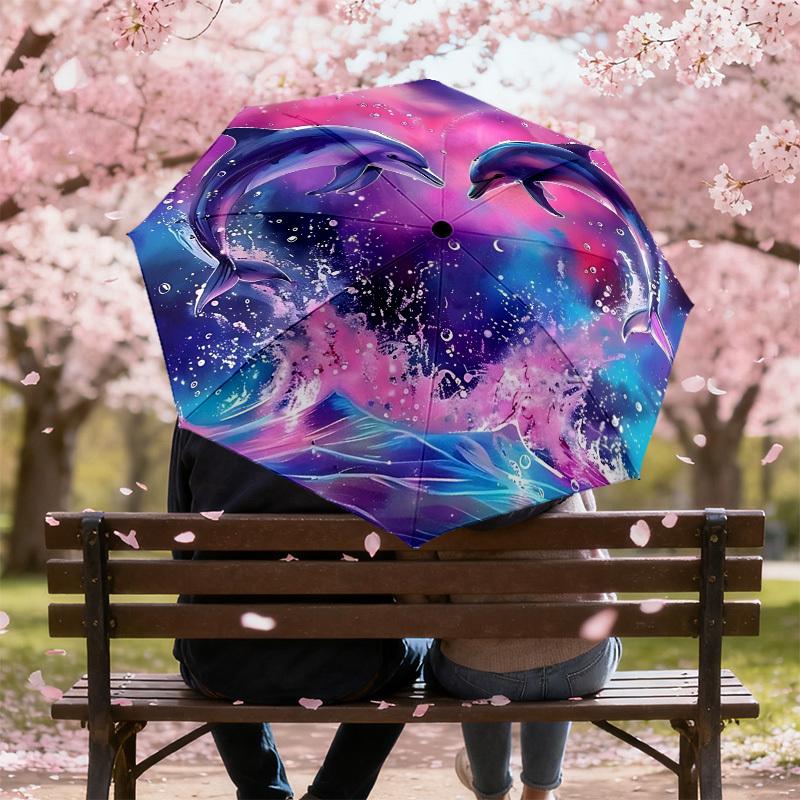 1pc Dolphins Heart Automatic Folding Umbrella 8 Rib Iron Frame, Suitable for Travel, Daily Use, Birthday, Women & Men Gift c1231062