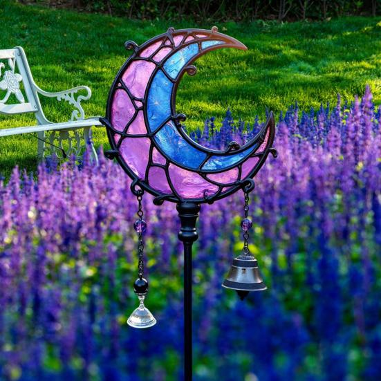 Moon Garden Stake Metal Crescent Design Stake Blue And Purple Moon Decoration for Flower Bed Yard Art