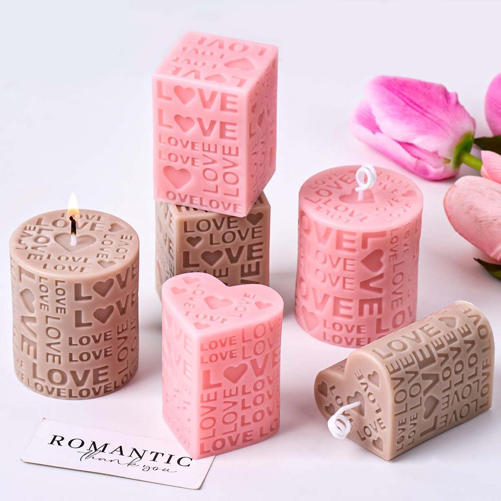 Embossed LOVE Letters Cylinder Cube Candle Mold DIY Valentine's Day Ornaments Making Heart Square Round Soap Craft Molds Home De