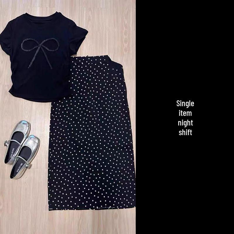 

Women s Summer 2026 Black Bowknot T-Shirt & Polka Dot Maxi Skirt Two-Piece Set M Recommended 95-105 lbs