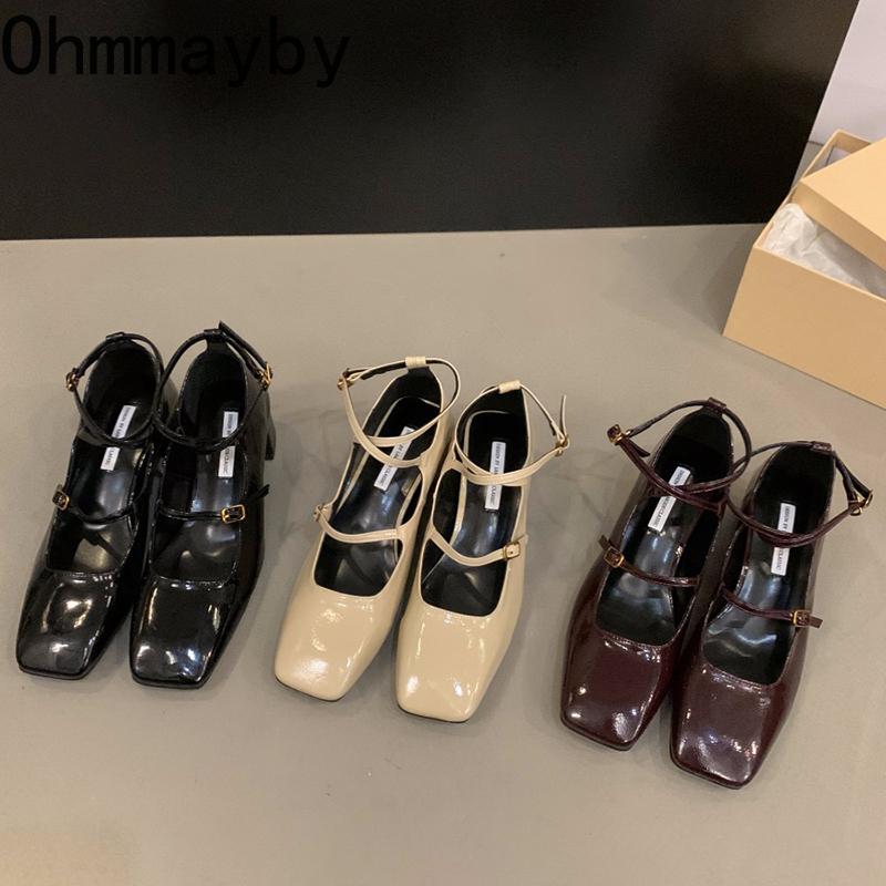 Designer Cross Strap Women Mary Jane Shoes Fashion Shallow Square Toe Shoes Concise Square Heels Shoes
