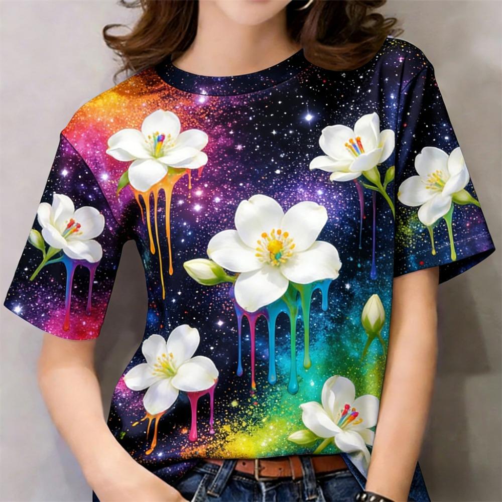 Tie-Dye Floral Shirt - Round Neck, Short Sleeve, Outdoor Casual Top with 3D Digital Print | Women’s Wear