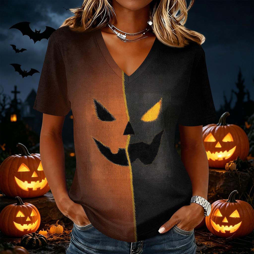 Women's Casual Short Sleeve Halloween Print V Neck Pullover Top Comfortable Lightweight Fabric Relaxed Fit