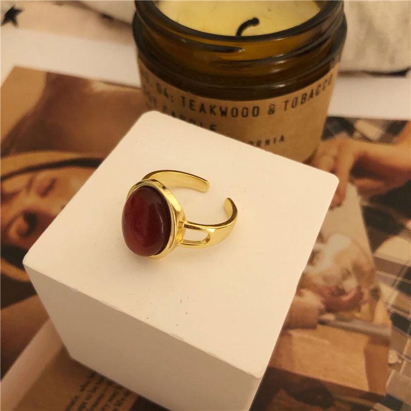French Vintage Red Oval Women's 925 Silver-Plated Adjustable Ring - Korean Style Influencer Chic