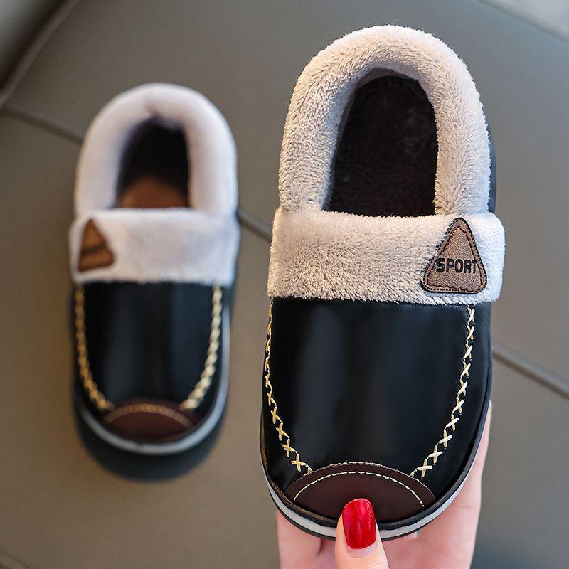 Waterproof Non-Slip Winter Warm Cotton Slippers with Velvet & PU Leather for Men, Women, & Kids