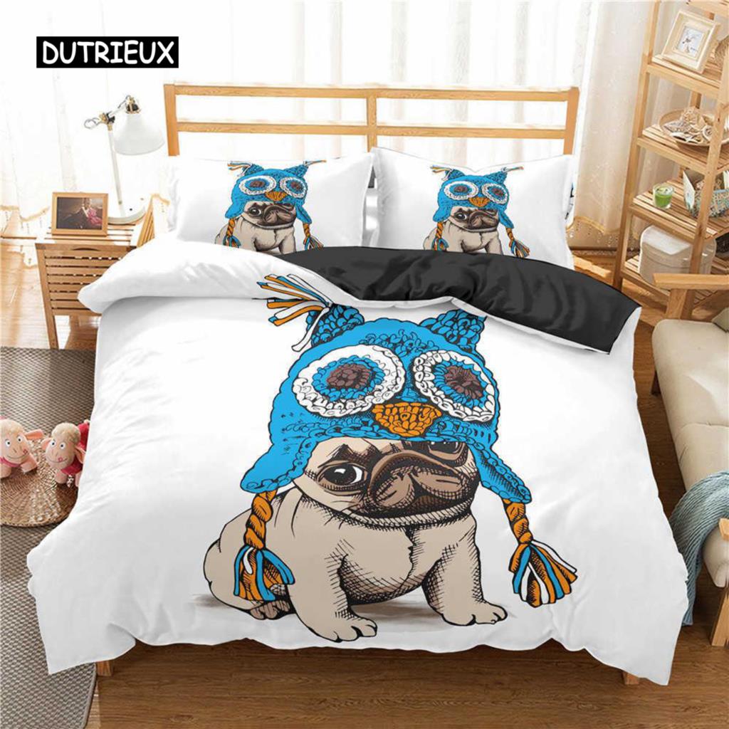 Pug Duvet Cover Set Pet Dog with Flower Bedding Set Animal Theme for Kids Teens Boy Cute Pug Dog King Size Polyester Quilt Cover