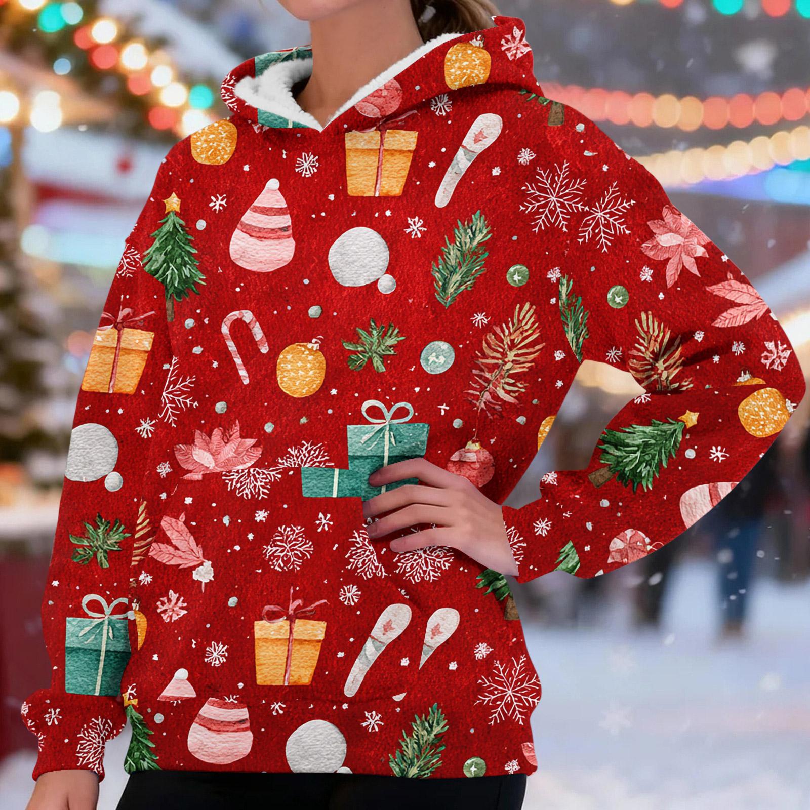 

Women s Fashionable Casual Long-Sleeved Christmas Print Fleece-Lined Thick Hooded Sweatshirt L червоний