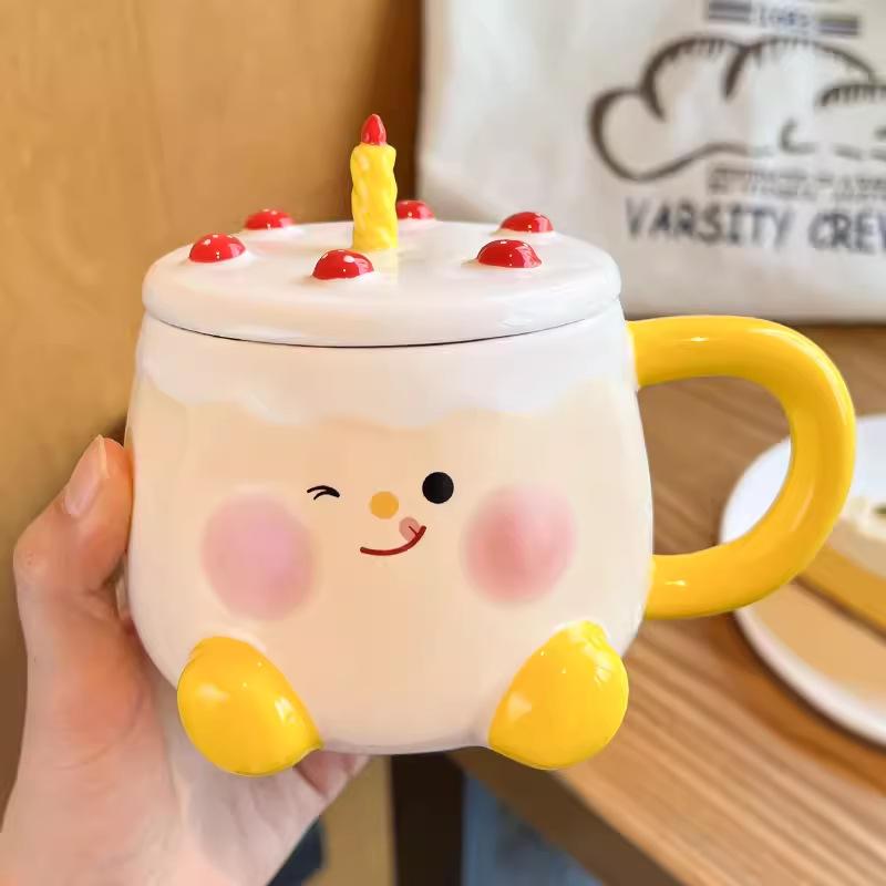 Birthday Gift Girl Cup Ceramic High Looking Mug with Lid Home Cute Coffee Drinking Water Cup Creativity