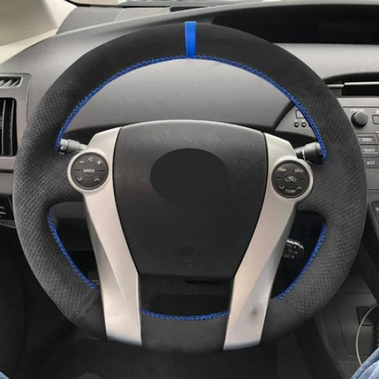 Suede Blue-Line Steering Wheel Leather Cover For Toyota Prius 30 XW30 2009-2015