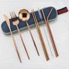 8pc Portable Shiny Gold Travel Flatware Set With Portable Blue Bag Stainless Steel Dinnerware Set Spoon Fork Knife Cutlery Set With Chopsticks Straws