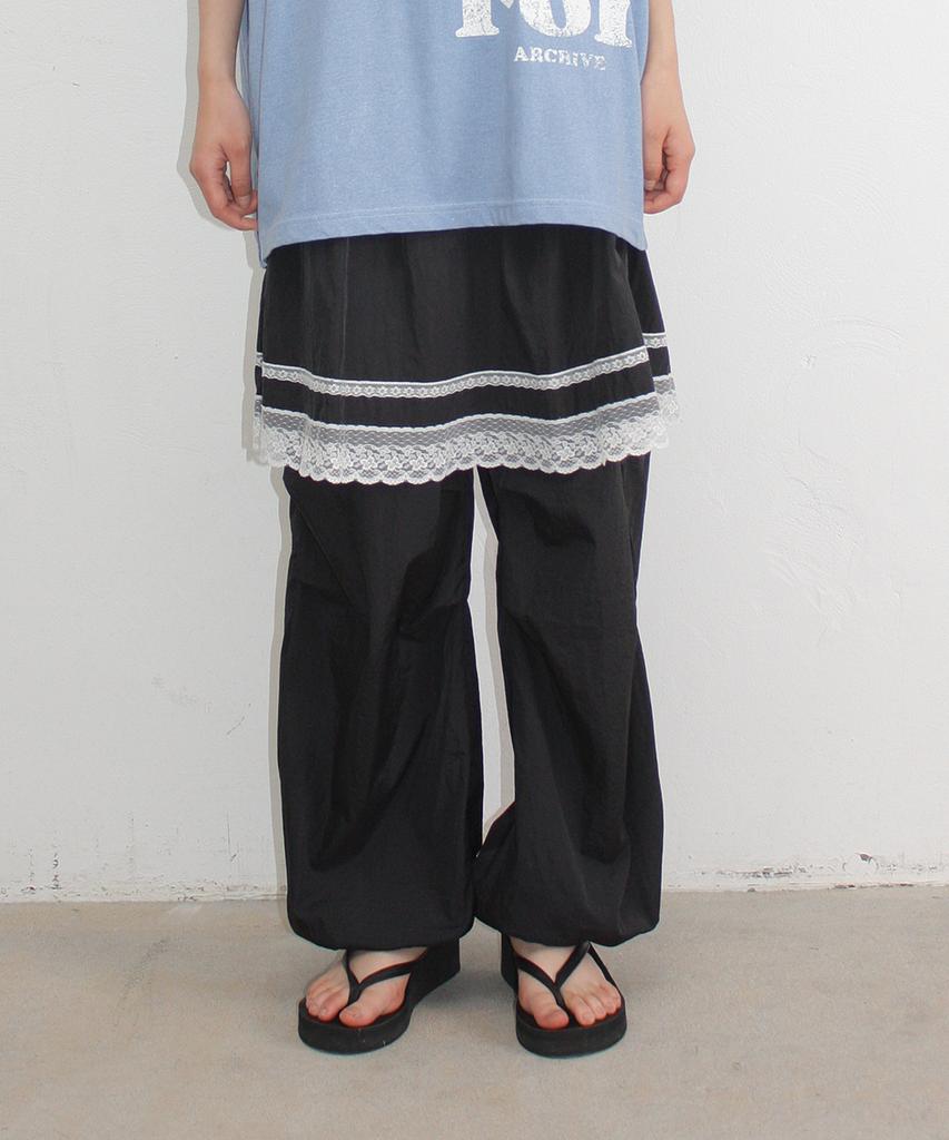 RONRON Lace Point Skirt Layered Jogger Pants Black