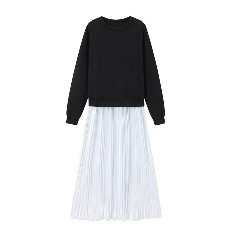 2025 Trendy Knit Long Sleeve Patchwork Pleated Dress for Women M