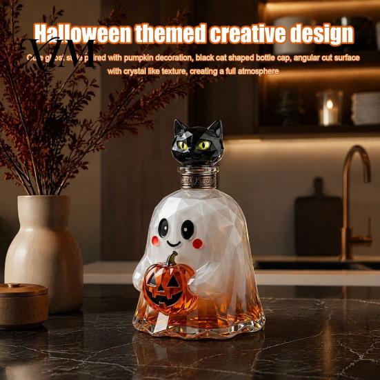 Creative Brandy Carafe Halloween Ghost Whiskey Decanter, Pumpkin And Cat Stopper Decor, High Shape Decanter Borosilicate Glass Wine Drinkware for Home