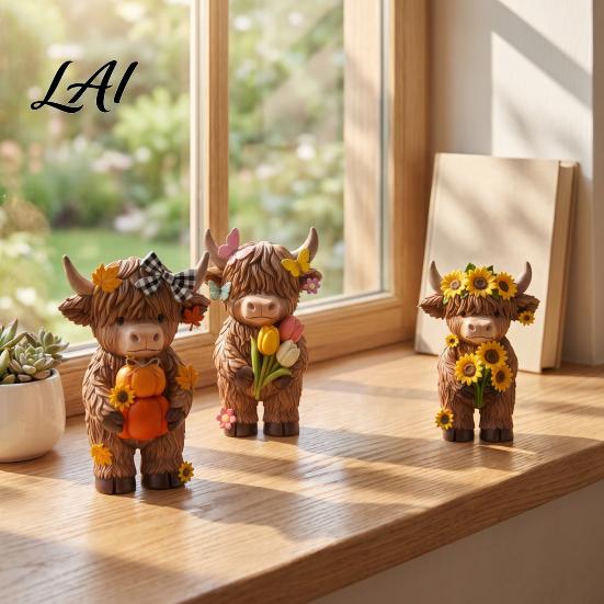 Hand Painted Highland Cattle 4 Pcs Seasonal Cow Figurines Spring Summer Fall Winter Rustic Shelf Accent Seasons Scottish Statue Resin Table
