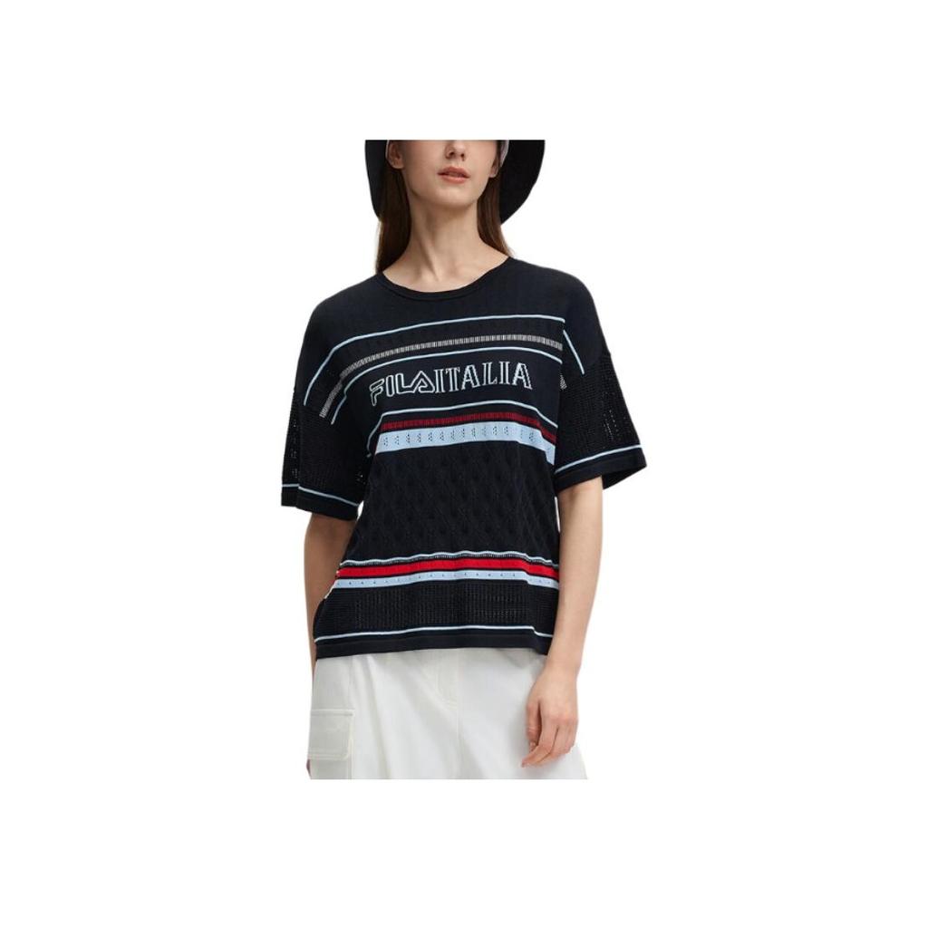 Fila Emerald Letter Embroidery Striped Pattern Round Neck Pullover Short Sleeve Knit Top Women Tops Legendary-Blue F11W434404F-NV