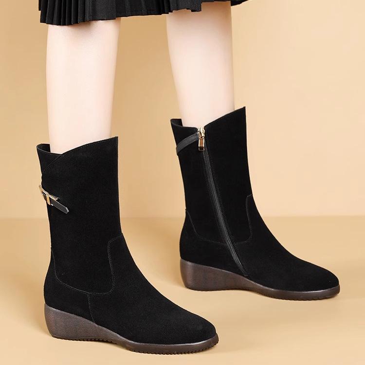 Vidutinio ilgio batai Rudens ir žiemos kailiniai batai Patogūs minkštapadžiai Batai su pleišto formos kulnu Moteriški batai