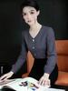 Korean Plaid V-Neck Long-Sleeve Women's Shirt, New Spring Arrival, Buttoned with Pleats & Cinched Waist for a Flattering Look.