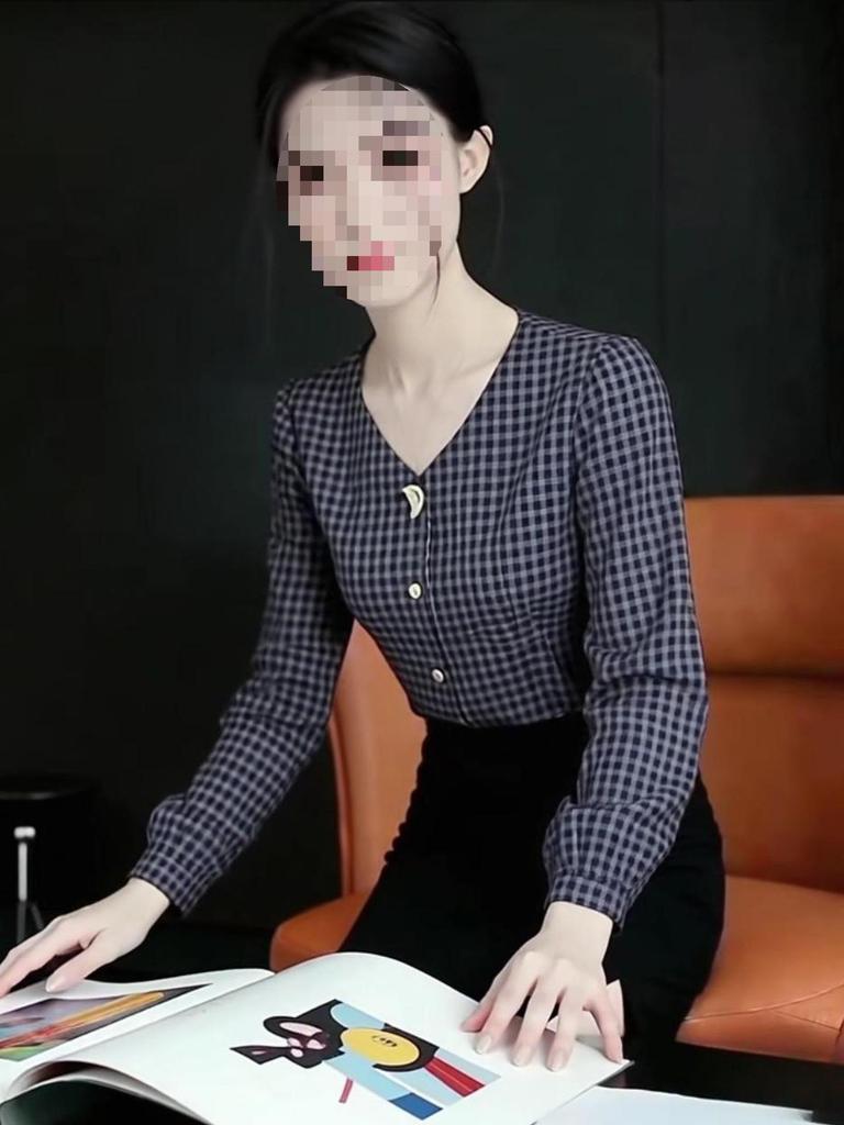 Korean Plaid V-Neck Long-Sleeve Women's Shirt, New Spring Arrival, Buttoned with Pleats & Cinched Waist for a Flattering Look.