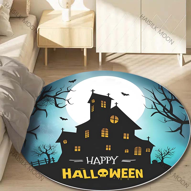 1PC Pumpkin Head Bat Castle Halloween Round Carpet for Kids Living Room Rugs Picnic Mats Flannel Anti-Slip Rug Luxury Gift