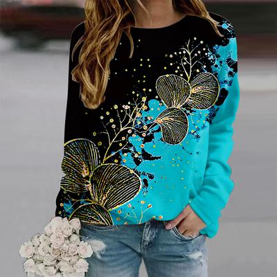Herbst Herbst Damenmode O-Ausschnitt Langarm T-Shirt Lockere Kleidung Glänzender Fächerblumen-Print T-Shirt für Mädchen Straße