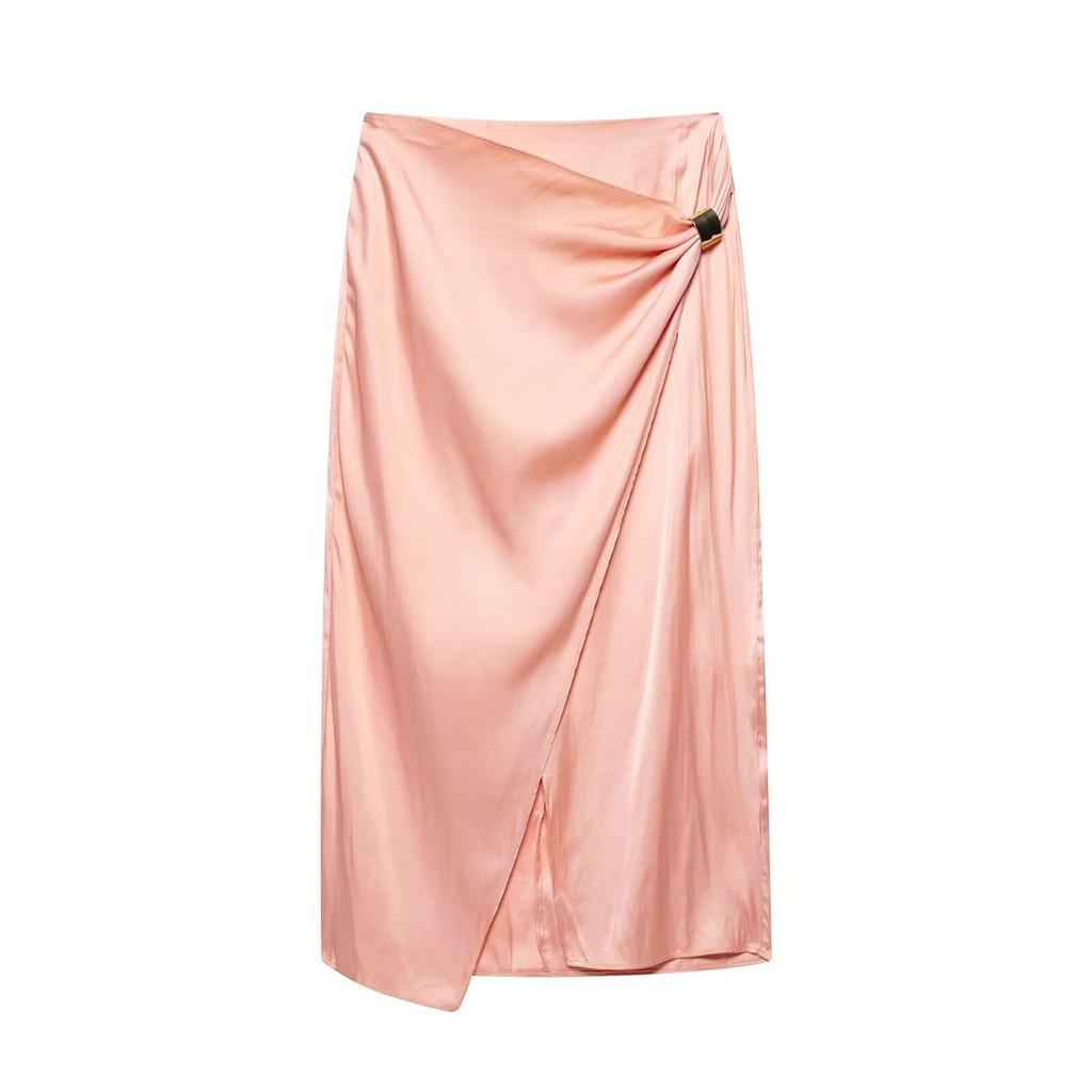 2025 Summer Gold-Trimmed Pink Silk Midi Skirt Set