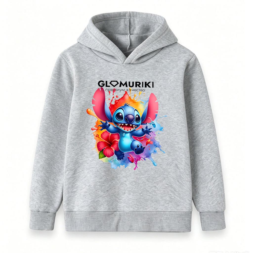 Kids Boys Girls Casual Stitch Print Long Sleeve Hoodie, Cute Cartoon Graphic Pullover Sweatshirt, Colorful Floral Paint Splash Pattern Soft Hooded Top