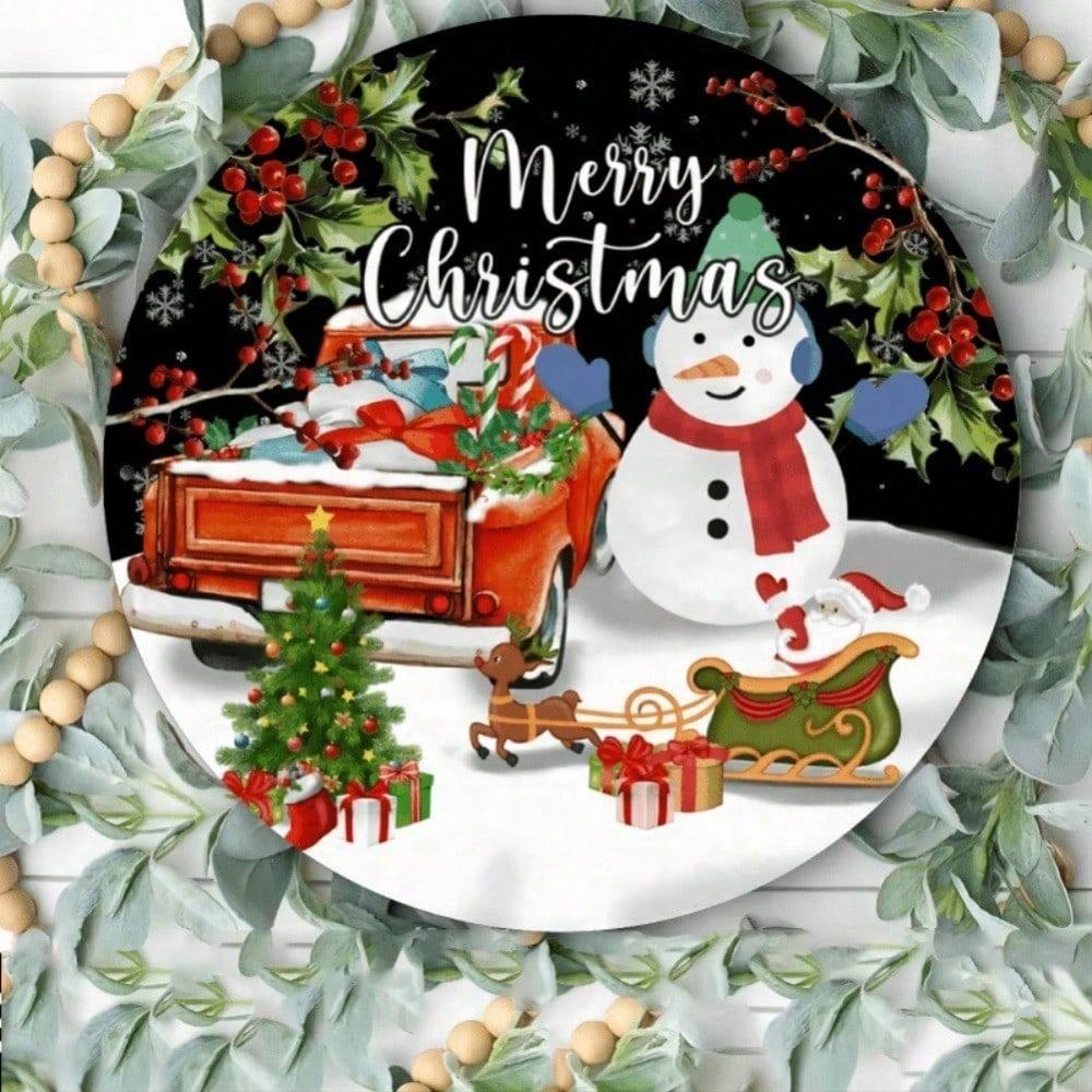Merry Christmas Snowman Round Tin Sign 7.8 Inch Rustic Metal Wall Decor Pine Branches