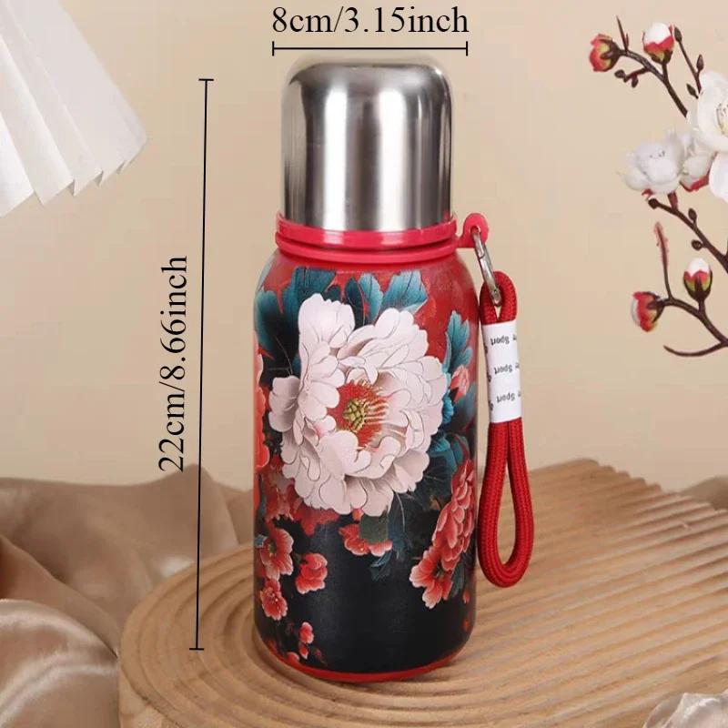 Retro and Bustling High-value Insulated Cup with Creative Rose Pattern Double-layer Water Cup Car Portable Drawstring Stew Cup