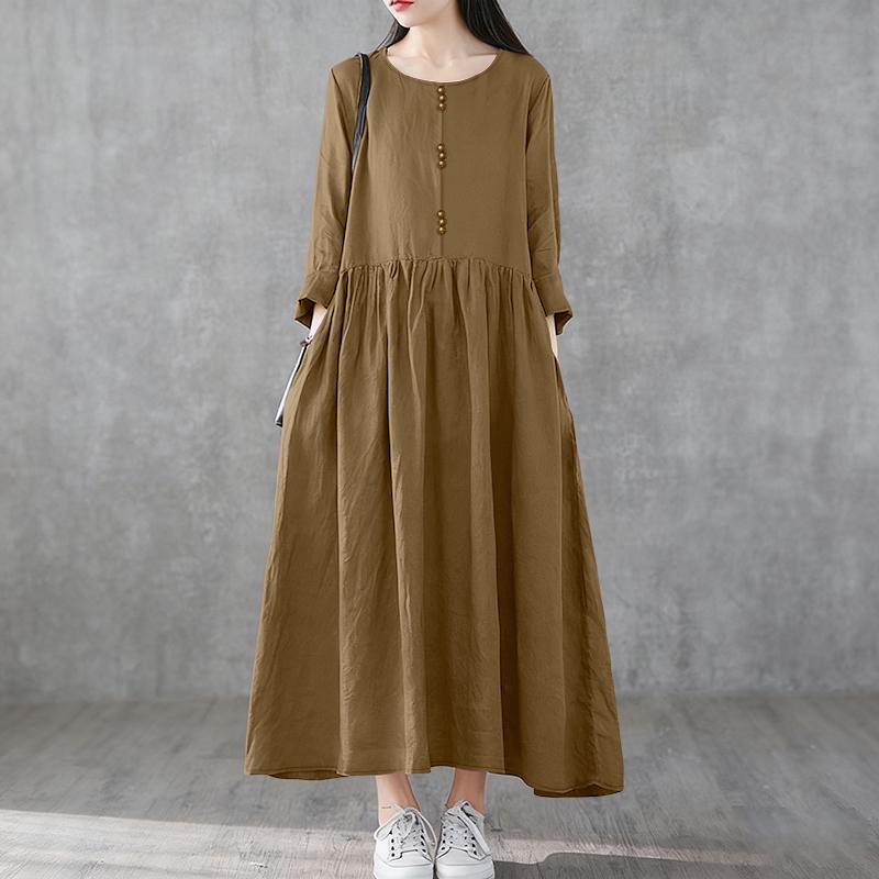 

ZANZEA Women Casual Round Neck Solid Color 3/4 Sleeve Loose Long Dress 2XL коричневый