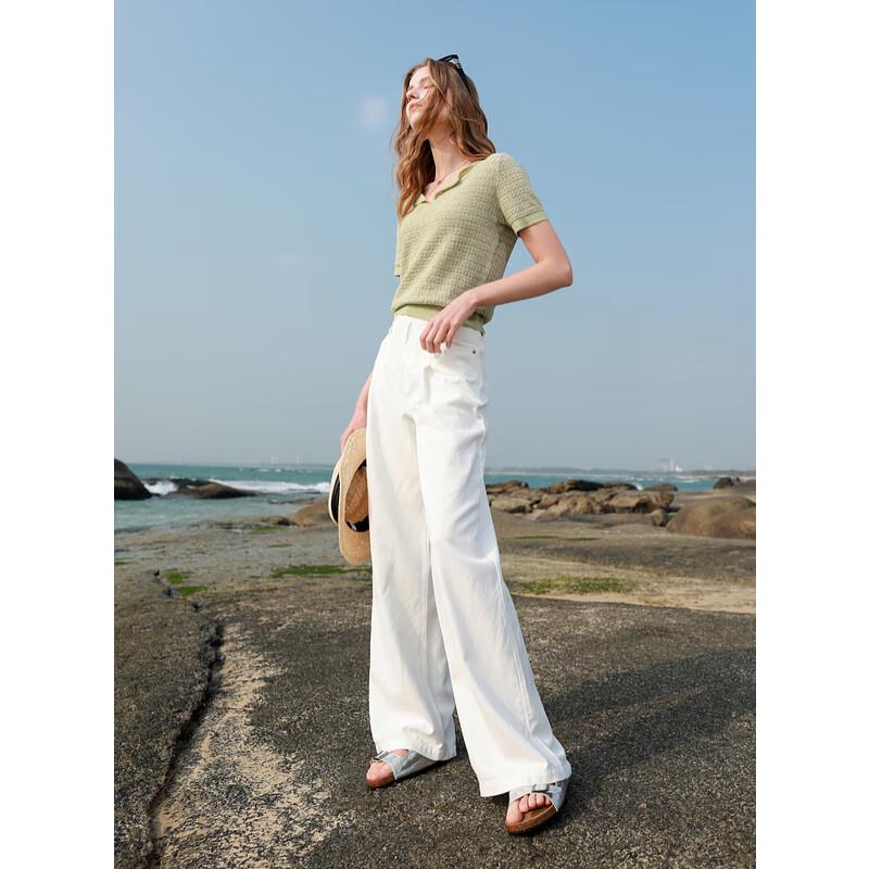 Sancai 2025 Spring V-neck Short-Sleeve Textured Knit Top