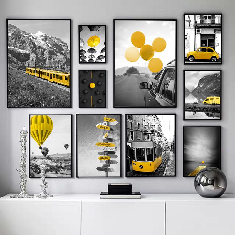 Modern Svart Vit Reseaffisch Gula ballonger Landskap Dekorativa målningar Nordisk Canvas Väggkonst Bilder Rum Heminredning