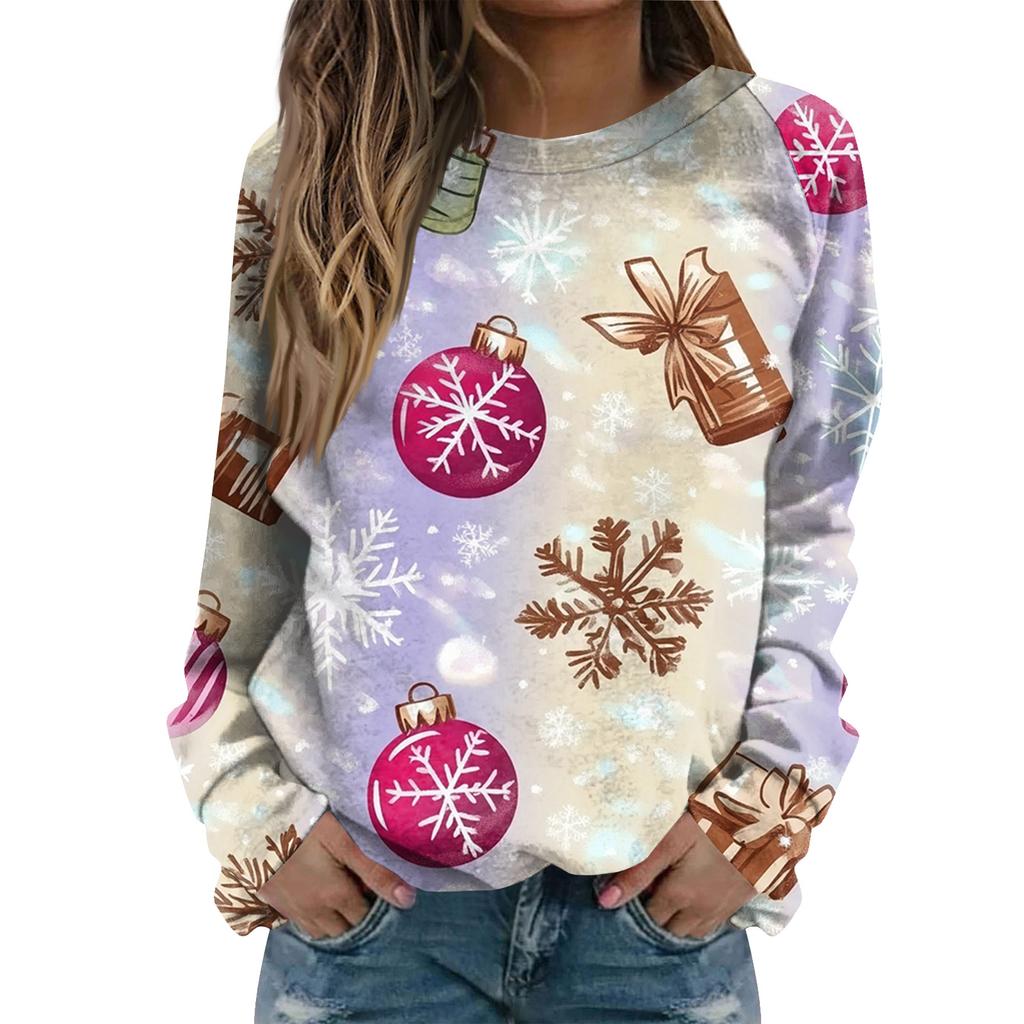 Women's Fashion Casual Long Sleeve Christmas Printed Neck Sweatshirt Top