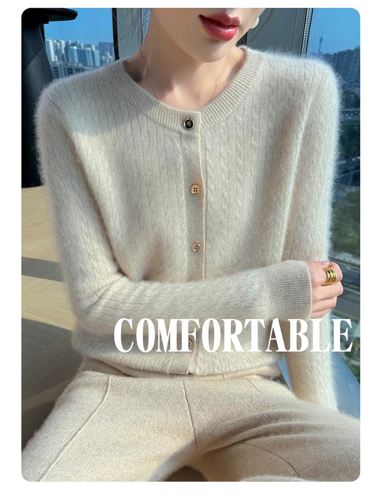 2026 Autumn/Winter Women's Soft Chunky Cable Knit Wool Cardigan Sweater - Round Neck Solid Color Top