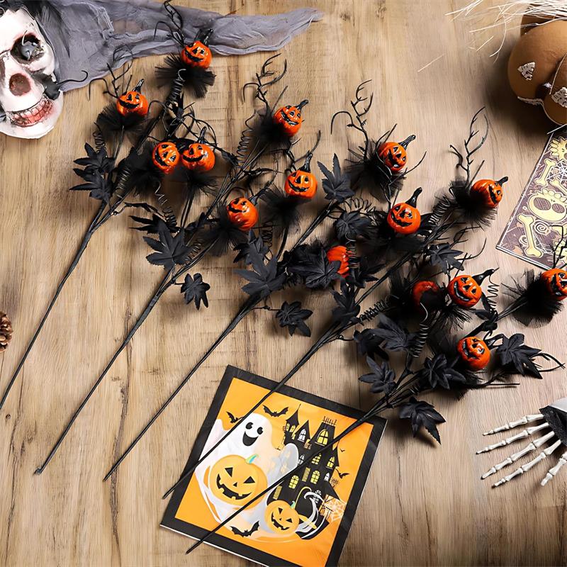 5PCS Artificial Halloween Flowers with Pumpkin Maple Leaf Branches Halloween Decorations Indoor for Office Home Mantel Vase Filler