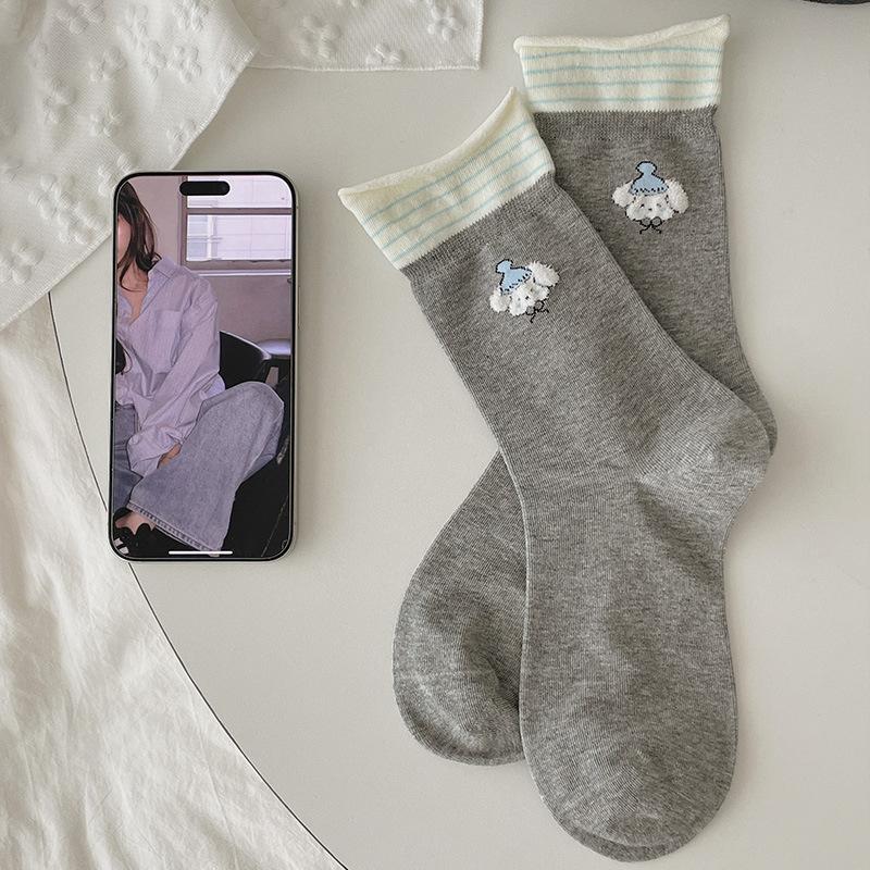 Cute Plush Female Cartoon Puppy Socks, Mid-calf Socks, Autumn Rolled-up Striped Pile Socks