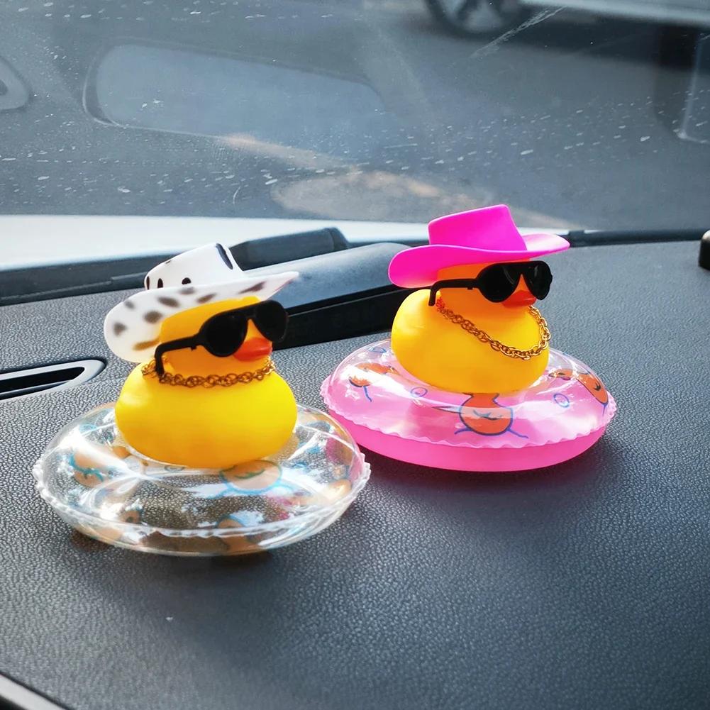 Rubber Duck with Swim Ring Hat Scarf Glasses for Car Dashboard Squeaky Duck Bath Toy Yellow Duck Car Accessories Decorations