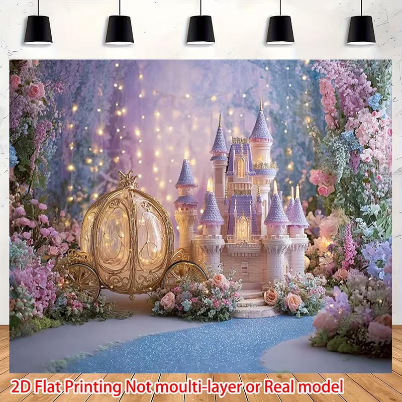 2D Cinderella Castle Photo Backdrop, Magical Purple Castle with Carriage Background for Party Decoration 47.2x31.5inch/120*80cm