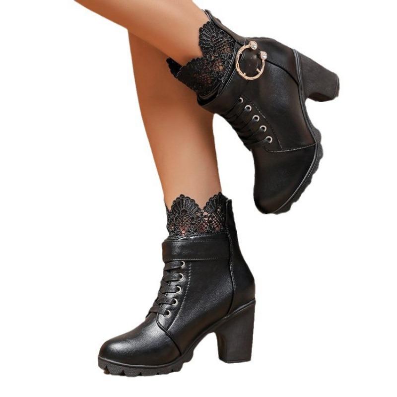 Large size metal buckle fashion women's boots autumn and winter lace lace rear zipper cross strap women's boots