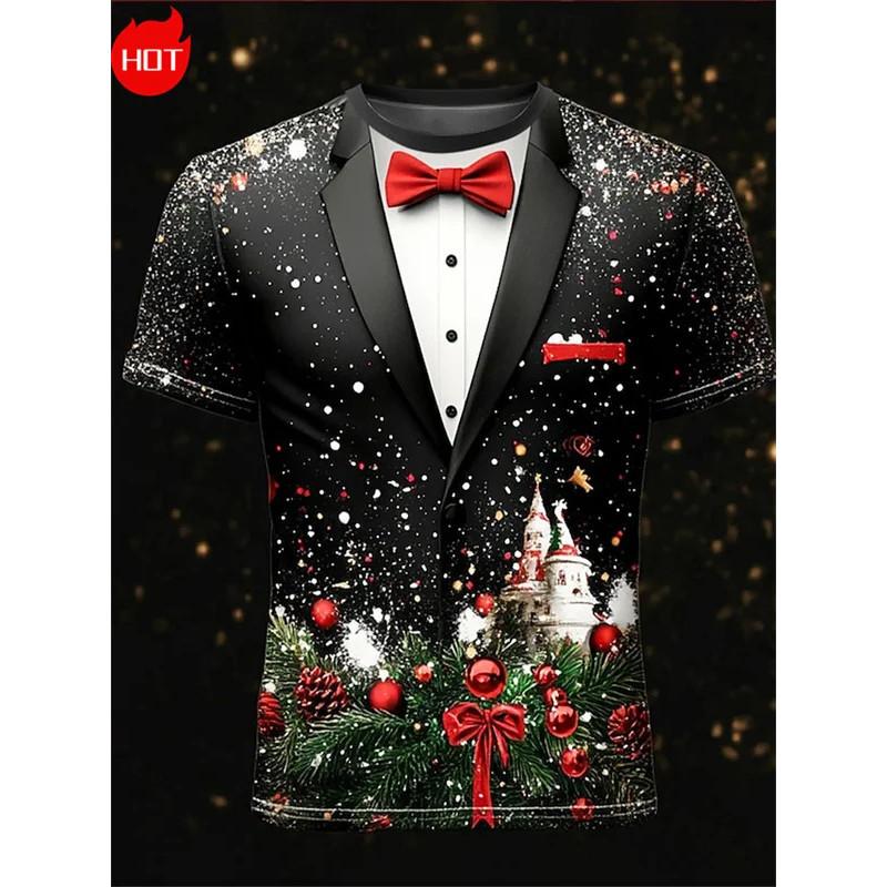 

3D Merry Christmas Pattern 3D Printed T-shirt Bow Pattern Cute Santa Claus Reindeer Pattern Short Sleeve Men s T-shirt 5XL