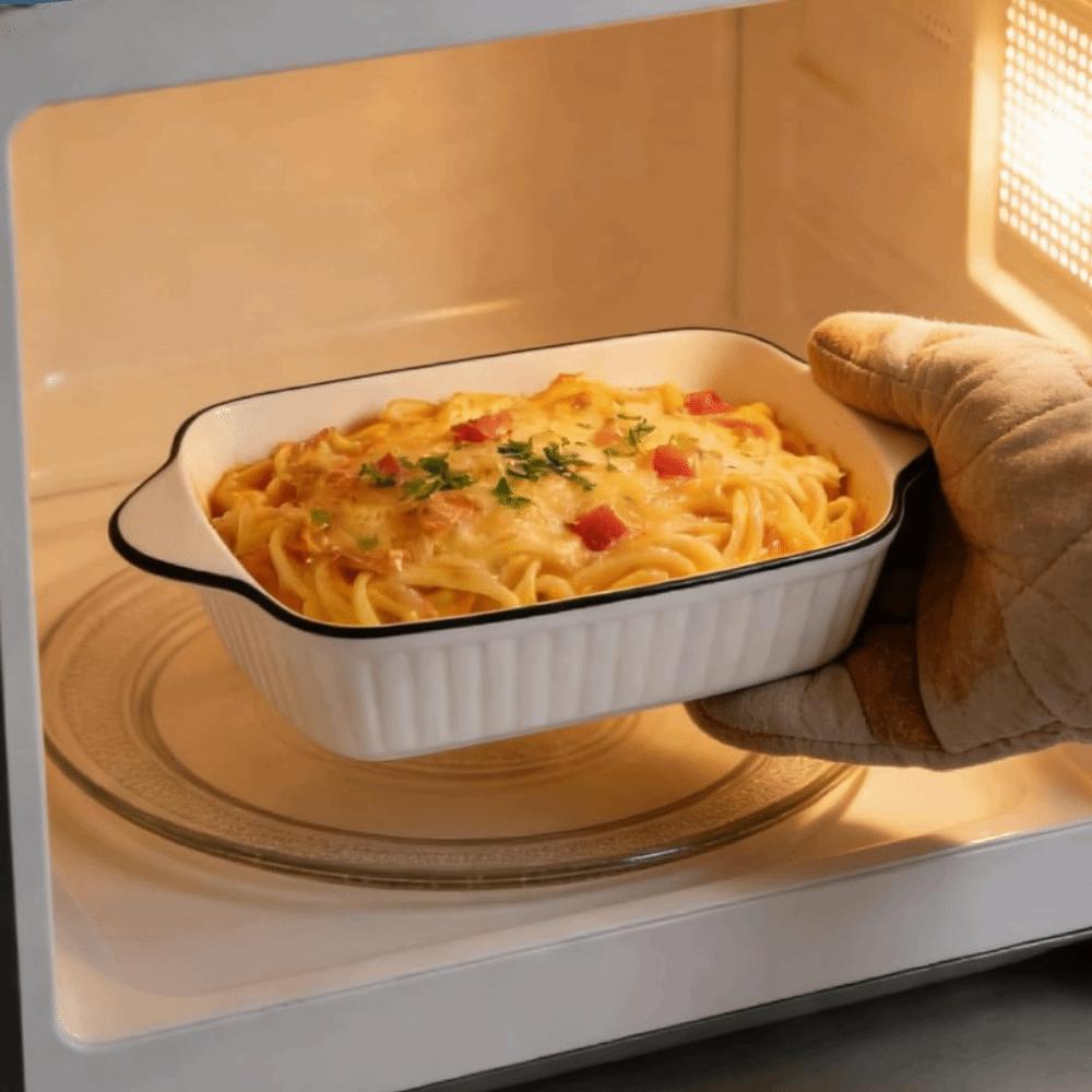 2-teiliges rechteckiges Keramik-Backblech mit zwei Griffen, Streifenmuster, Käse-Risotto-Backform, Backofen