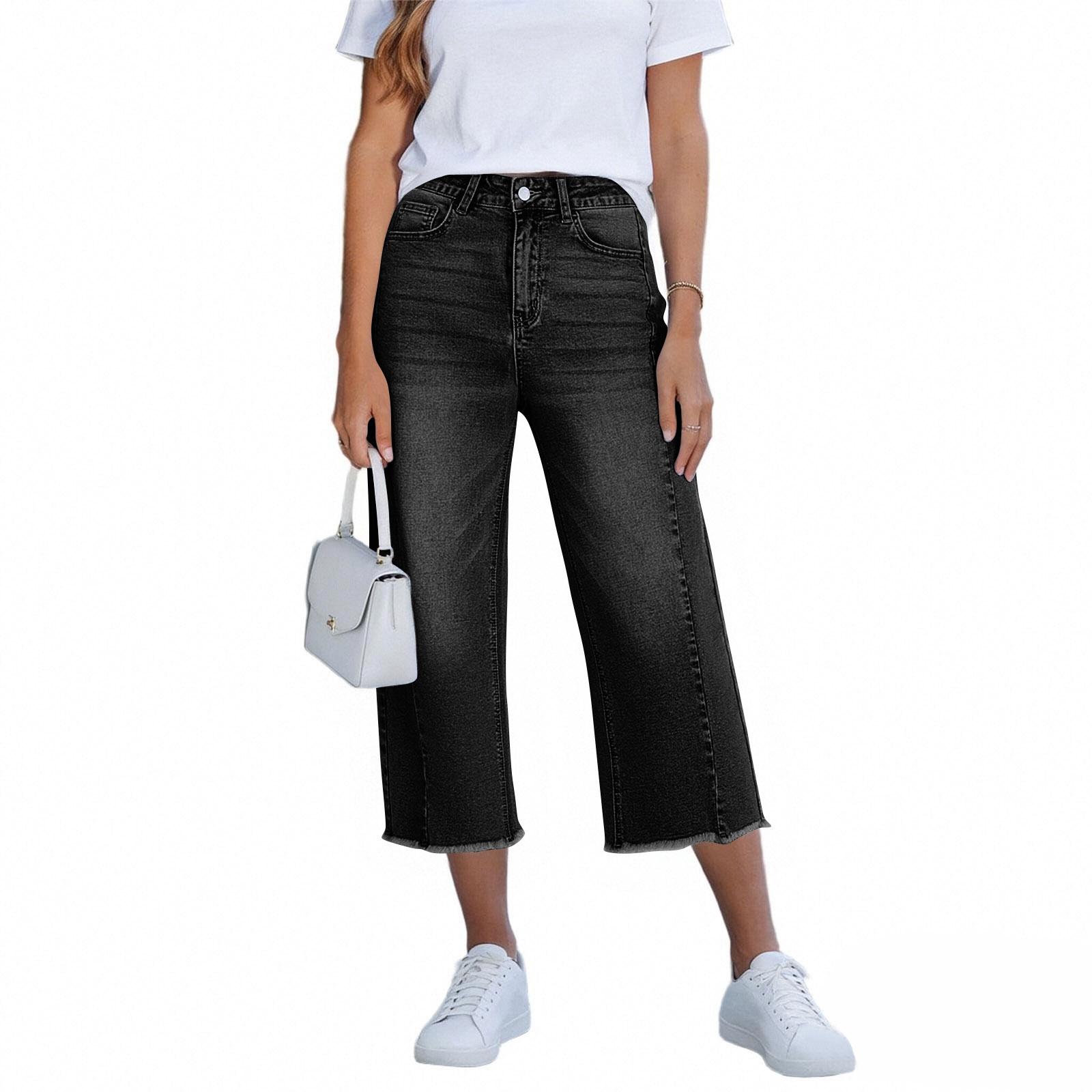 Women s Denim Classic Versatile High Waist Fashionable Cropped Pants XXL чёрный