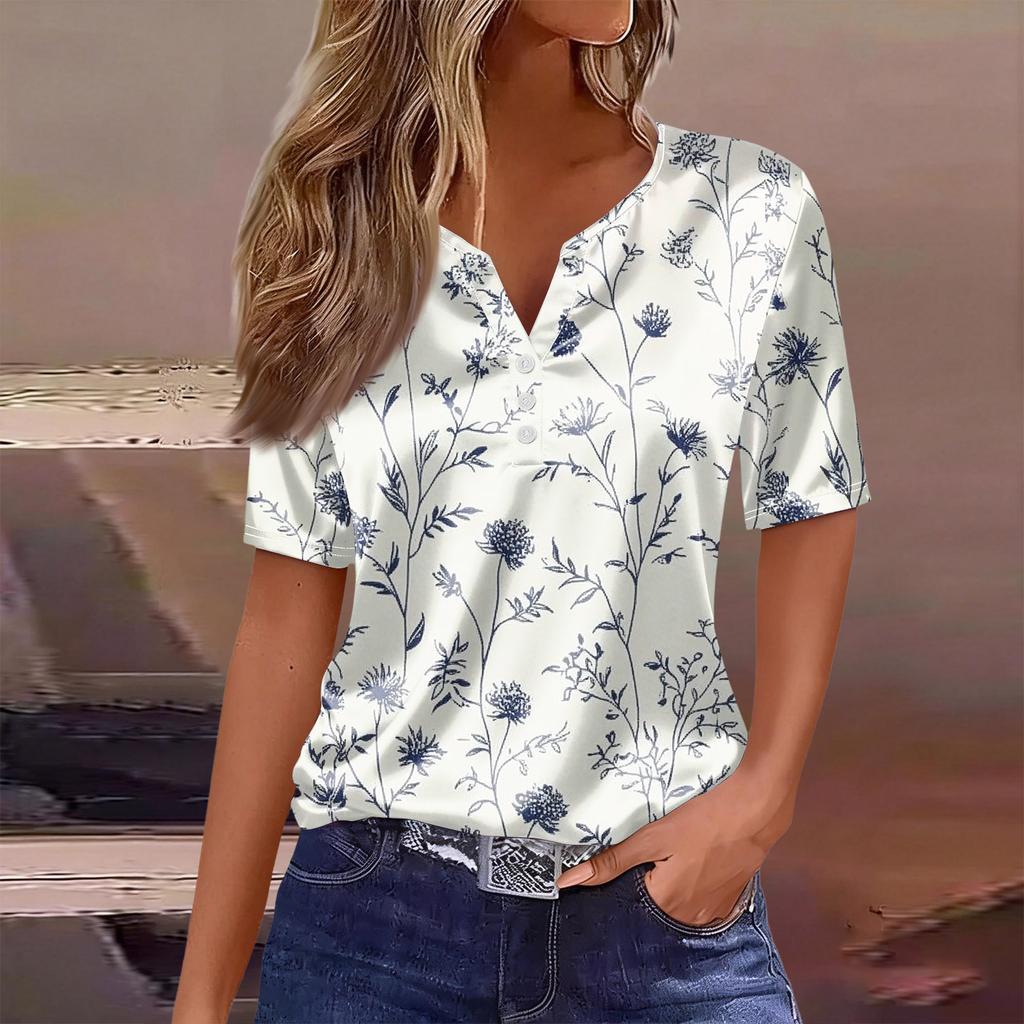 Dammode Casual Retro Tryck Krage Kortärmad Knapp T-shirt Topp