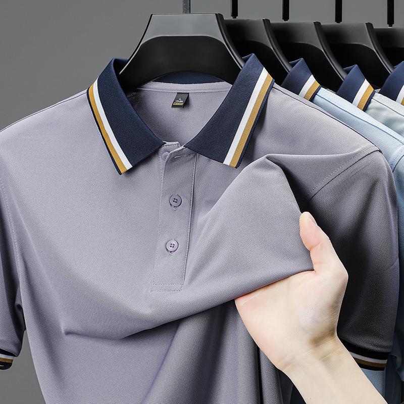 Luxury Fashion Short Sleeve Polo Shirt Men Summer High-end Ice Silk Breathable Personality Striped Color Matching Lapel T-shirt