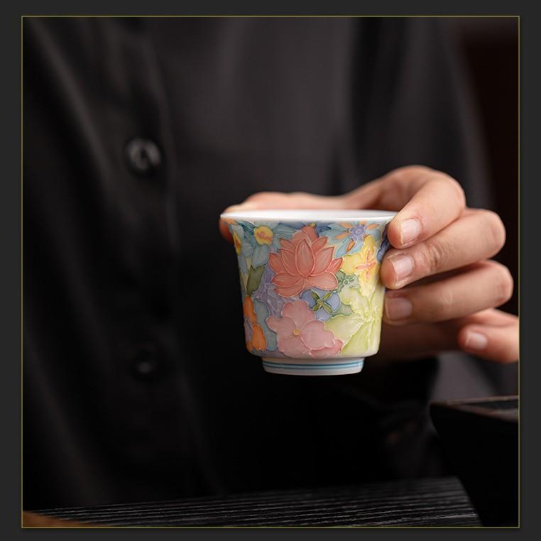 Jingdezhen Hand Painted Underglaze Color Thousand-Flower Pattern Tea Cup Stacked Glaze FineChinaCeramicGongfuTea WarePersonalUse