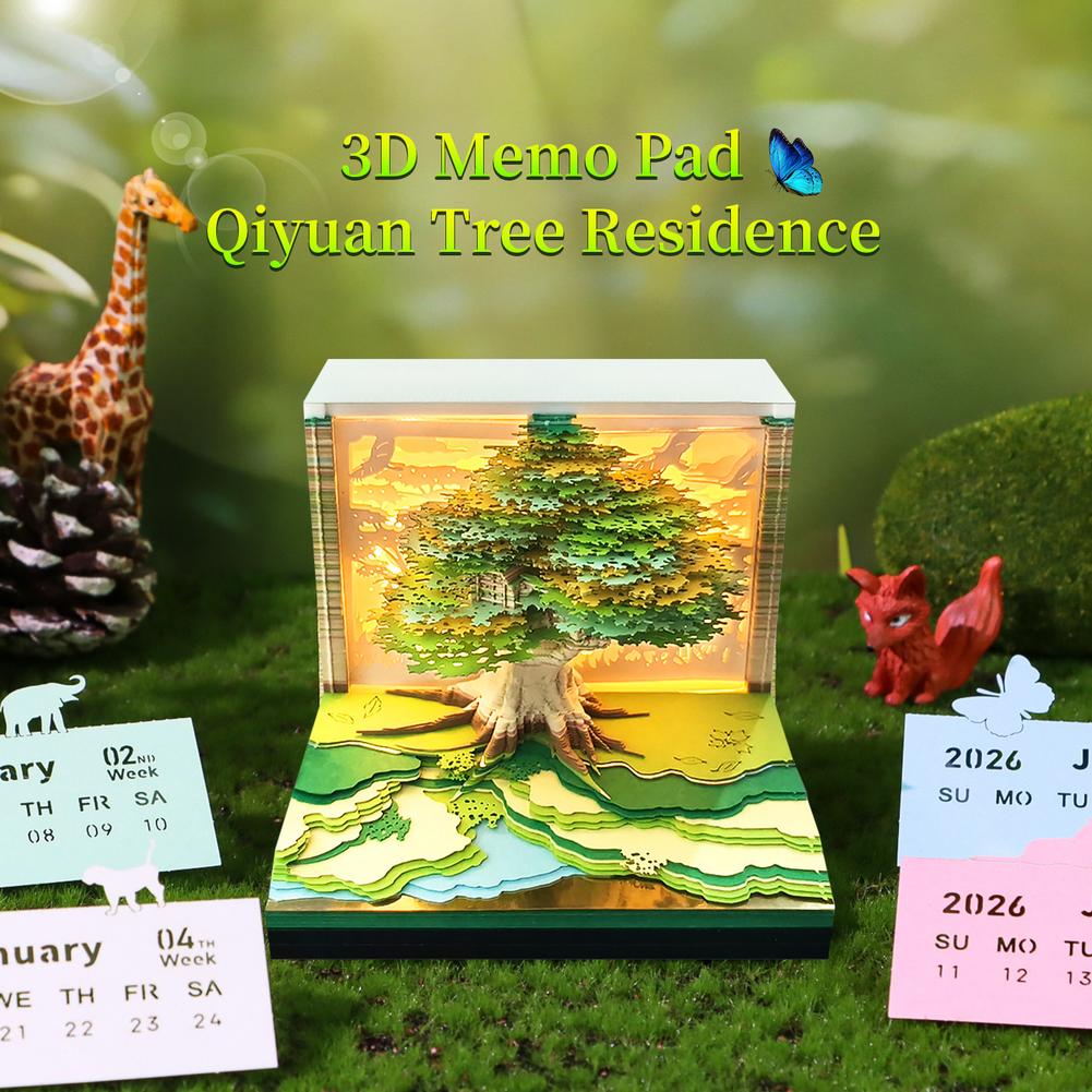 2026 Luminous English Calendar 3D Hand Torn Notebook Paper Carving Treehouse Design Creative Desktop Decoration Ornaments