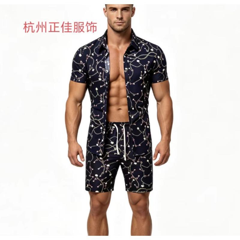 Herren Hemd mit Paisley-Print, kurzärmlig, und Shorts Set