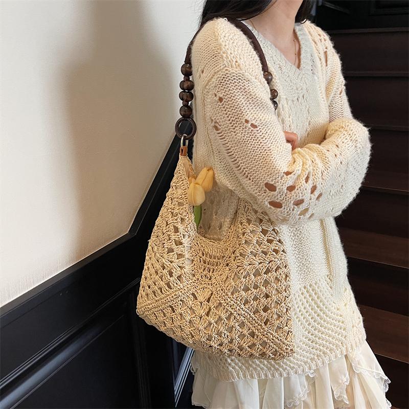 Handwoven Crochet Boho Tote Bag for Women Summer Beach Travel Casual Use
