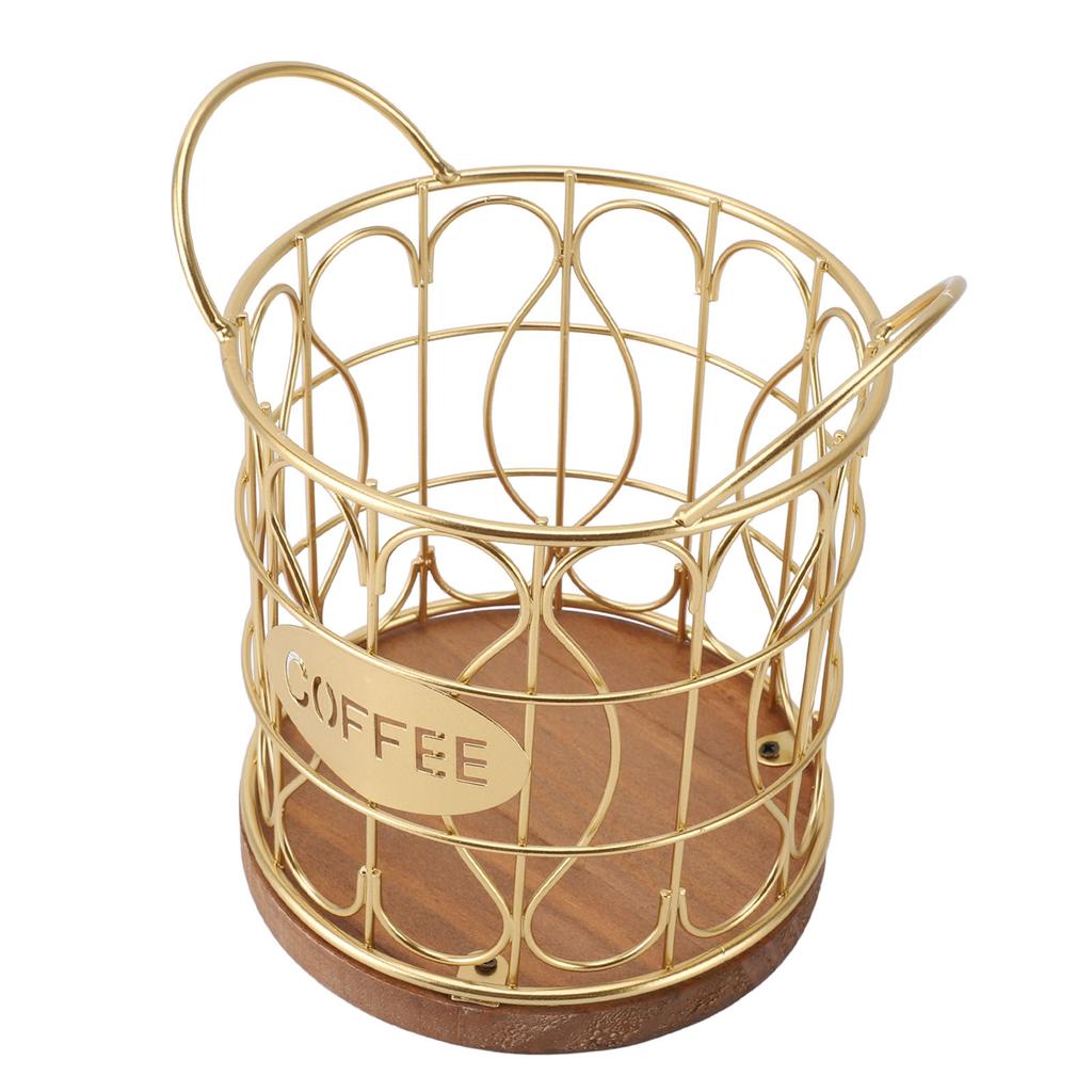 Coffee Pod Basket Decorative Round Wire Coffee Capsule Holder with Wooden Base for Cafe Kitchen Countertop